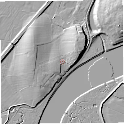Shaded relief map of the ground around LA33ER, computed from Environment Agency LiDAR. The ground here sits at about 9 m above sea level and falls 20 m across the surrounding 800 m. Surface water reaching this point runs off ground lying to the north-east, 8.9 m higher.
