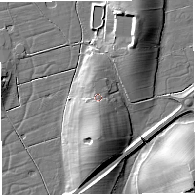 Shaded relief map of the ground around LA33ES, computed from Environment Agency LiDAR. The ground here sits at about 13 m above sea level and falls 25 m across the surrounding 800 m. Surface water reaching this point runs off ground lying to the south, 4.9 m higher.