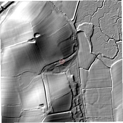 Shaded relief map of the ground around LA33ET, computed from Environment Agency LiDAR. The ground here sits at about 10 m above sea level and falls 26 m across the surrounding 800 m. Surface water reaching this point runs off ground lying to the north-west, 19.9 m higher.