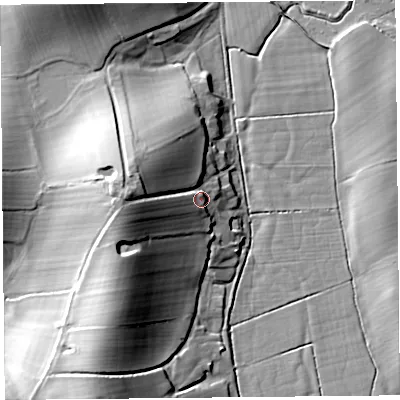Shaded relief map of the ground around LA33EU, computed from Environment Agency LiDAR. The ground here sits at about 14 m above sea level and falls 24 m across the surrounding 800 m. Surface water reaching this point runs off ground lying to the west, 15.2 m higher.