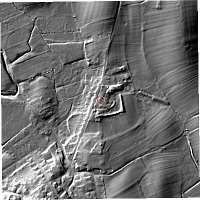 Shaded relief map of the ground around LA33EZ, computed from Environment Agency LiDAR. The ground here sits at about 9 m above sea level and falls 29 m across the surrounding 800 m. Surface water reaching this point runs off ground lying to the south, 2.9 m higher.