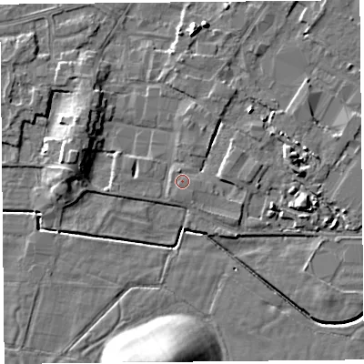 Shaded relief map of the ground around LA33FB, computed from Environment Agency LiDAR. The ground here sits at about 6 m above sea level and falls 13 m across the surrounding 800 m. Surface water reaching this point runs off ground lying to the north-north-west, 0.6 m higher.