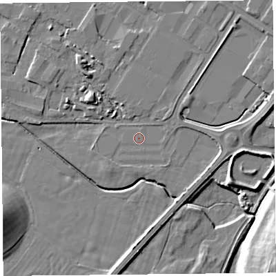 Shaded relief map of the ground around LA33FE, computed from Environment Agency LiDAR. The ground here sits at about 5 m above sea level and falls 15 m across the surrounding 800 m. Surface water reaching this point runs off ground lying to the east, 2.6 m higher.