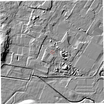 Shaded relief map of the ground around LA33FU, computed from Environment Agency LiDAR. The ground here sits at about 6 m above sea level and falls 7 m across the surrounding 800 m. Surface water reaching this point runs off ground lying to the south-south-west, 1.1 m higher.