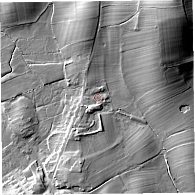 Shaded relief map of the ground around LA33HA, computed from Environment Agency LiDAR. The ground here sits at about 8 m above sea level and falls 32 m across the surrounding 800 m. Surface water reaching this point runs off ground lying to the south-south-west, 4.0 m higher.