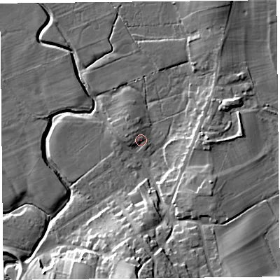 Shaded relief map of the ground around LA33HB, computed from Environment Agency LiDAR. The ground here sits at about 7 m above sea level and falls 20 m across the surrounding 800 m. Surface water reaching this point runs off ground lying to the south, 16.9 m higher.