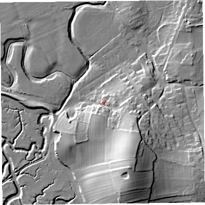 Shaded relief map of the ground around LA33HF, computed from Environment Agency LiDAR. The ground here sits at about 11 m above sea level and falls 29 m across the surrounding 800 m. Surface water reaching this point runs off ground lying to the south-south-east, 21.6 m higher.