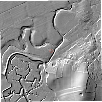 Shaded relief map of the ground around LA33HG, computed from Environment Agency LiDAR. The ground here sits at about 6 m above sea level and falls 29 m across the surrounding 800 m. Surface water reaching this point runs off ground lying to the west-north-west, 1.0 m higher.