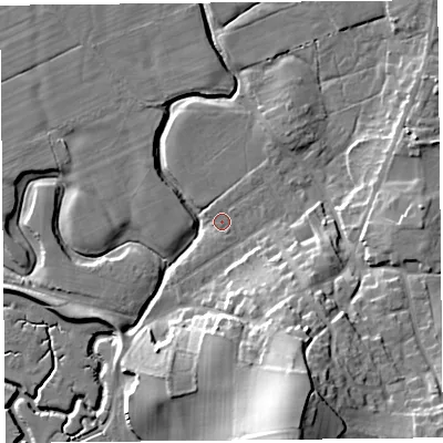 Shaded relief map of the ground around LA33HH, computed from Environment Agency LiDAR. The ground here sits at about 6 m above sea level and falls 27 m across the surrounding 800 m. The ground contributing surface water to this point lies to the north-east.