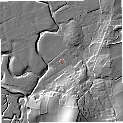 Shaded relief map of the ground around LA33HJ, computed from Environment Agency LiDAR. The ground here sits at about 6 m above sea level and falls 26 m across the surrounding 800 m. The ground contributing surface water to this point lies to the east-south-east.