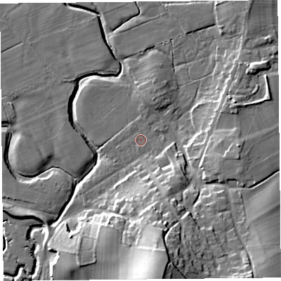 Shaded relief map of the ground around LA33HL, computed from Environment Agency LiDAR. The ground here sits at about 5 m above sea level and falls 26 m across the surrounding 800 m. Surface water reaching this point runs off ground lying to the south-south-east, 8.0 m higher.