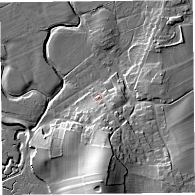 Shaded relief map of the ground around LA33HN, computed from Environment Agency LiDAR. The ground here sits at about 9 m above sea level and falls 28 m across the surrounding 800 m. Surface water reaching this point runs off ground lying to the south-south-east, 7.4 m higher.
