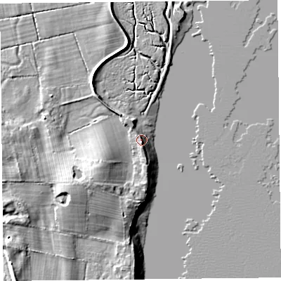 Shaded relief map of the ground around LA33HP, computed from Environment Agency LiDAR. The ground here sits at about 6 m above sea level and falls 9 m across the surrounding 800 m. Surface water reaching this point runs off ground lying to the south-west, 5.8 m higher.