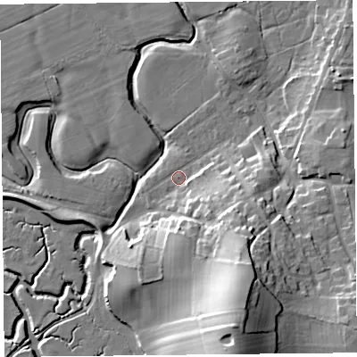 Shaded relief map of the ground around LA33HQ, computed from Environment Agency LiDAR. The ground here sits at about 6 m above sea level and falls 29 m across the surrounding 800 m. Surface water reaching this point runs off ground lying to the south-east, 13.2 m higher.