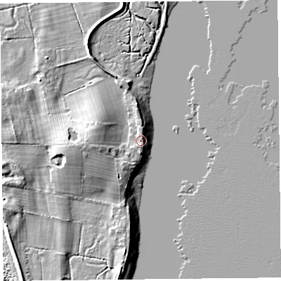 Shaded relief map of the ground around LA33HR, computed from Environment Agency LiDAR. The ground here sits at about 6 m above sea level and falls 9 m across the surrounding 800 m. Surface water reaching this point runs off ground lying to the south-west, 1.3 m higher.