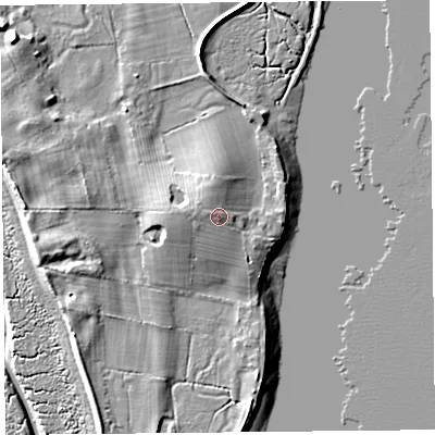 Shaded relief map of the ground around LA33HS, computed from Environment Agency LiDAR. The ground here sits at about 10 m above sea level and falls 9 m across the surrounding 800 m. Surface water reaching this point runs off ground lying to the west-north-west, 1.4 m higher.