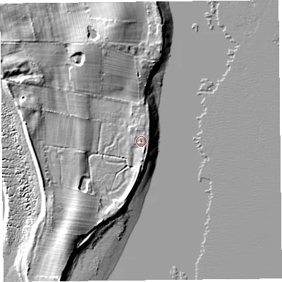 Shaded relief map of the ground around LA33HT, computed from Environment Agency LiDAR. The ground here sits at about 6 m above sea level and falls 9 m across the surrounding 800 m. Surface water reaching this point runs off ground lying to the south-west, 4.2 m higher.