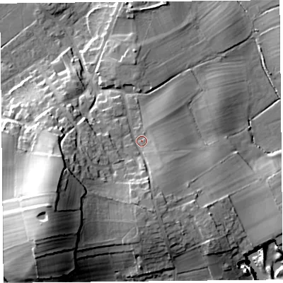 Shaded relief map of the ground around LA33HU, computed from Environment Agency LiDAR. The ground here sits at about 14 m above sea level and falls 26 m across the surrounding 800 m. Surface water reaching this point runs off ground lying to the south, 7.3 m higher.