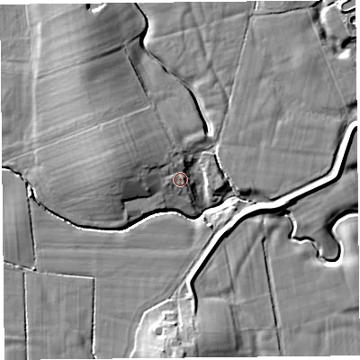 Shaded relief map of the ground around LA33HW, computed from Environment Agency LiDAR. The ground here sits at about 7 m above sea level and falls 9 m across the surrounding 800 m. Surface water reaching this point runs off ground lying to the west-north-west, 6.3 m higher.