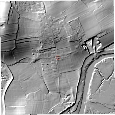 Shaded relief map of the ground around LA33JB, computed from Environment Agency LiDAR. The ground here sits at about 10 m above sea level and falls 28 m across the surrounding 800 m. Surface water reaching this point runs off ground lying to the north-north-west, 10.5 m higher.