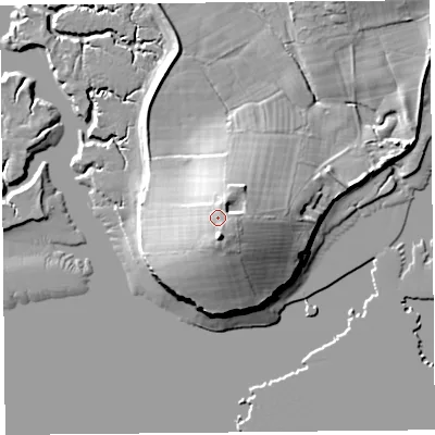 Shaded relief map of the ground around LA33JE, computed from Environment Agency LiDAR. The ground here sits at about 17 m above sea level and falls 18 m across the surrounding 800 m. Surface water reaching this point runs off ground lying to the south-south-east, 1.2 m higher.