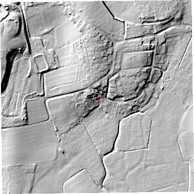 Shaded relief map of the ground around LA33JG, computed from Environment Agency LiDAR. The ground here sits at about 9 m above sea level and falls 17 m across the surrounding 800 m. Surface water reaching this point runs off ground lying to the north, 7.6 m higher.