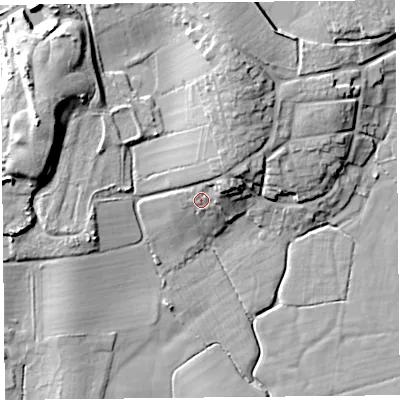 Shaded relief map of the ground around LA33JQ, computed from Environment Agency LiDAR. The ground here sits at about 10 m above sea level and falls 18 m across the surrounding 800 m. Surface water reaching this point runs off ground lying to the east-north-east, 4.8 m higher.