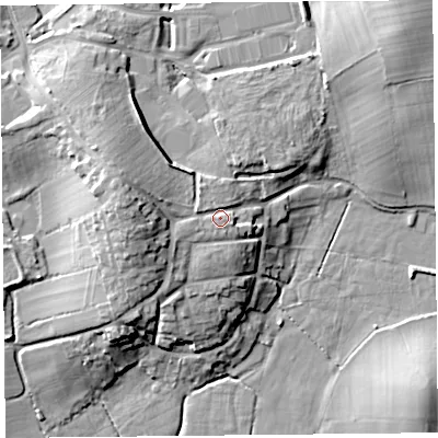 Shaded relief map of the ground around LA33JT, computed from Environment Agency LiDAR. The ground here sits at about 13 m above sea level and falls 17 m across the surrounding 800 m. Surface water reaching this point runs off ground lying to the west, 8.5 m higher.