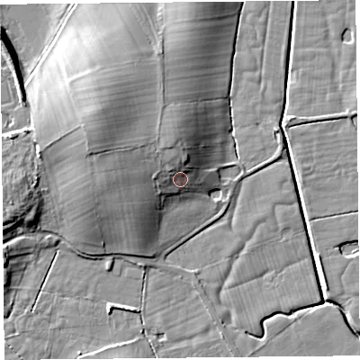 Shaded relief map of the ground around LA33JU, computed from Environment Agency LiDAR. The ground here sits at about 9 m above sea level and falls 12 m across the surrounding 800 m. Surface water reaching this point runs off ground lying to the north-north-west, 3.4 m higher.