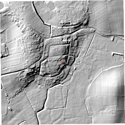 Shaded relief map of the ground around LA33LG, computed from Environment Agency LiDAR. The ground here sits at about 11 m above sea level and falls 17 m across the surrounding 800 m. Surface water reaching this point runs off ground lying to the north-west, 4.9 m higher.