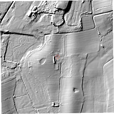Shaded relief map of the ground around LA33LH, computed from Environment Agency LiDAR. The ground here sits at about 6 m above sea level and falls 16 m across the surrounding 800 m. Surface water reaching this point runs off ground lying to the west-south-west, 4.7 m higher.
