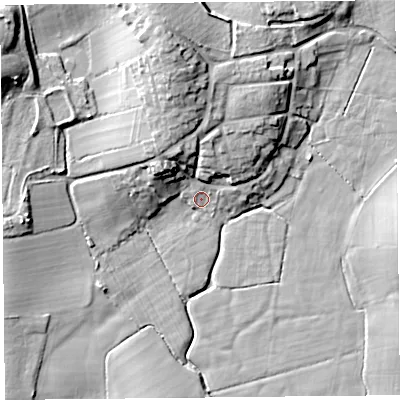 Shaded relief map of the ground around LA33LQ, computed from Environment Agency LiDAR. The ground here sits at about 6 m above sea level and falls 17 m across the surrounding 800 m. Surface water reaching this point runs off ground lying to the north-north-west, 15.8 m higher.