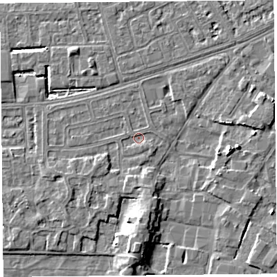 Shaded relief map of the ground around LA33LT, computed from Environment Agency LiDAR. The ground here sits at about 5 m above sea level and falls 6 m across the surrounding 800 m. Surface water reaching this point runs off ground lying to the south, 5.6 m higher.
