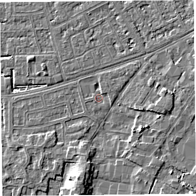 Shaded relief map of the ground around LA33LX, computed from Environment Agency LiDAR. The ground here sits at about 5 m above sea level and falls 6 m across the surrounding 800 m. Surface water reaching this point runs off ground lying to the south-east, 5.1 m higher.
