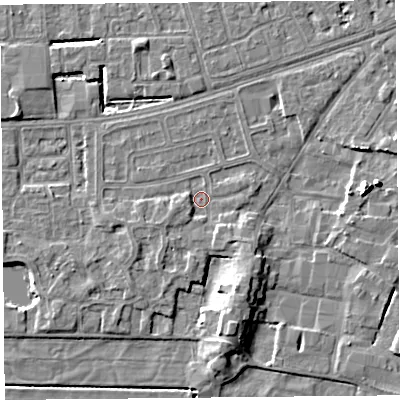Shaded relief map of the ground around LA33LY, computed from Environment Agency LiDAR. The ground here sits at about 5 m above sea level and falls 7 m across the surrounding 800 m. Surface water reaching this point runs off ground lying to the south-east, 1.9 m higher.