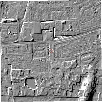 Shaded relief map of the ground around LA33NB, computed from Environment Agency LiDAR. The ground here sits at about 5 m above sea level and falls 6 m across the surrounding 800 m. Surface water reaching this point runs off ground lying to the south-south-east, 2.0 m higher.