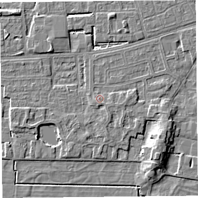 Shaded relief map of the ground around LA33ND, computed from Environment Agency LiDAR. The ground here sits at about 6 m above sea level and falls 7 m across the surrounding 800 m. Surface water reaching this point runs off ground lying to the south-west, 0.8 m higher.