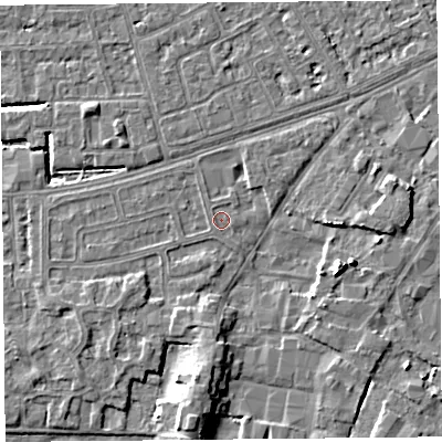 Shaded relief map of the ground around LA33NJ, computed from Environment Agency LiDAR. The ground here sits at about 5 m above sea level and falls 6 m across the surrounding 800 m. Surface water reaching this point runs off ground lying to the east-south-east, 5.1 m higher.