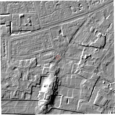 Shaded relief map of the ground around LA33NL, computed from Environment Agency LiDAR. The ground here sits at about 5 m above sea level and falls 7 m across the surrounding 800 m. Surface water reaching this point runs off ground lying to the south-south-west, 5.6 m higher.