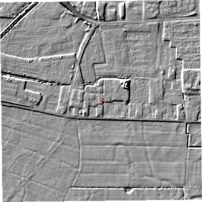 Shaded relief map of the ground around LA33NN, computed from Environment Agency LiDAR. The ground here sits at about 6 m above sea level and falls 6 m across the surrounding 800 m. Surface water reaching this point runs off ground lying to the south-south-east, 1.4 m higher.