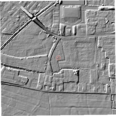 Shaded relief map of the ground around LA33NP, computed from Environment Agency LiDAR. The ground here sits at about 5 m above sea level and falls 8 m across the surrounding 800 m. Surface water reaching this point runs off ground lying to the south-east, 4.2 m higher.