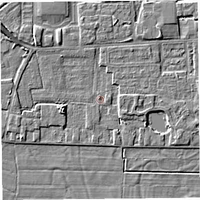 Shaded relief map of the ground around LA33NR, computed from Environment Agency LiDAR. The ground here sits at about 5 m above sea level and falls 6 m across the surrounding 800 m. Surface water reaching this point runs off ground lying to the north-west, 5.5 m higher.