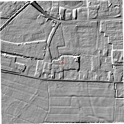 Shaded relief map of the ground around LA33NS, computed from Environment Agency LiDAR. The ground here sits at about 6 m above sea level and falls 8 m across the surrounding 800 m. Surface water reaching this point runs off ground lying to the north-west, 0.8 m higher.