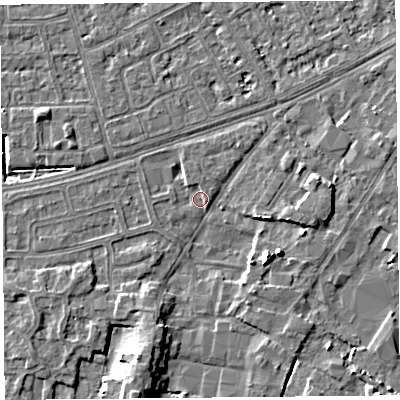 Shaded relief map of the ground around LA33NW, computed from Environment Agency LiDAR. The ground here sits at about 5 m above sea level and falls 6 m across the surrounding 800 m. Surface water reaching this point runs off ground lying to the south-east, 5.1 m higher.