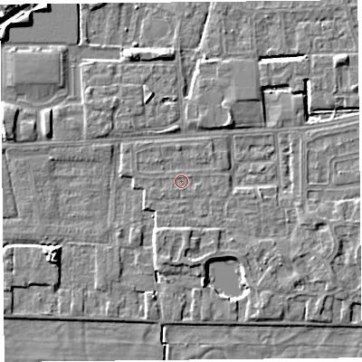 Shaded relief map of the ground around LA33NX, computed from Environment Agency LiDAR. The ground here sits at about 5 m above sea level and falls 8 m across the surrounding 800 m. Surface water reaching this point runs off ground lying to the south-west, 0.6 m higher.