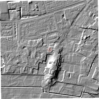 Shaded relief map of the ground around LA33PG, computed from Environment Agency LiDAR. The ground here sits at about 6 m above sea level and falls 7 m across the surrounding 800 m. Surface water reaching this point runs off ground lying to the east-south-east, 1.3 m higher.