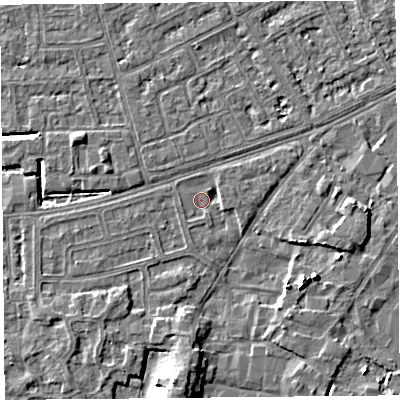 Shaded relief map of the ground around LA33PL, computed from Environment Agency LiDAR. The ground here sits at about 5 m above sea level and falls 6 m across the surrounding 800 m. Surface water reaching this point runs off ground lying to the south-east, 5.5 m higher.