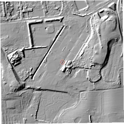 Shaded relief map of the ground around LA33PP, computed from Environment Agency LiDAR. The ground here sits at about 8 m above sea level and falls 17 m across the surrounding 800 m. Surface water reaching this point runs off ground lying to the west, 16.8 m higher.