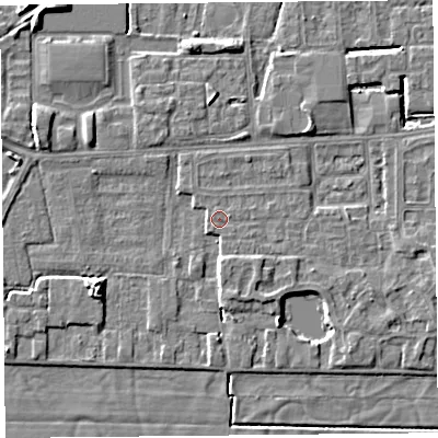 Shaded relief map of the ground around LA33QA, computed from Environment Agency LiDAR. The ground here sits at about 5 m above sea level and falls 6 m across the surrounding 800 m. The ground contributing surface water to this point lies to the east-north-east.