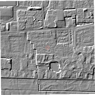 Shaded relief map of the ground around LA33QE, computed from Environment Agency LiDAR. The ground here sits at about 5 m above sea level and falls 5 m across the surrounding 800 m. Surface water reaching this point runs off ground lying to the west-north-west, 0.5 m higher.